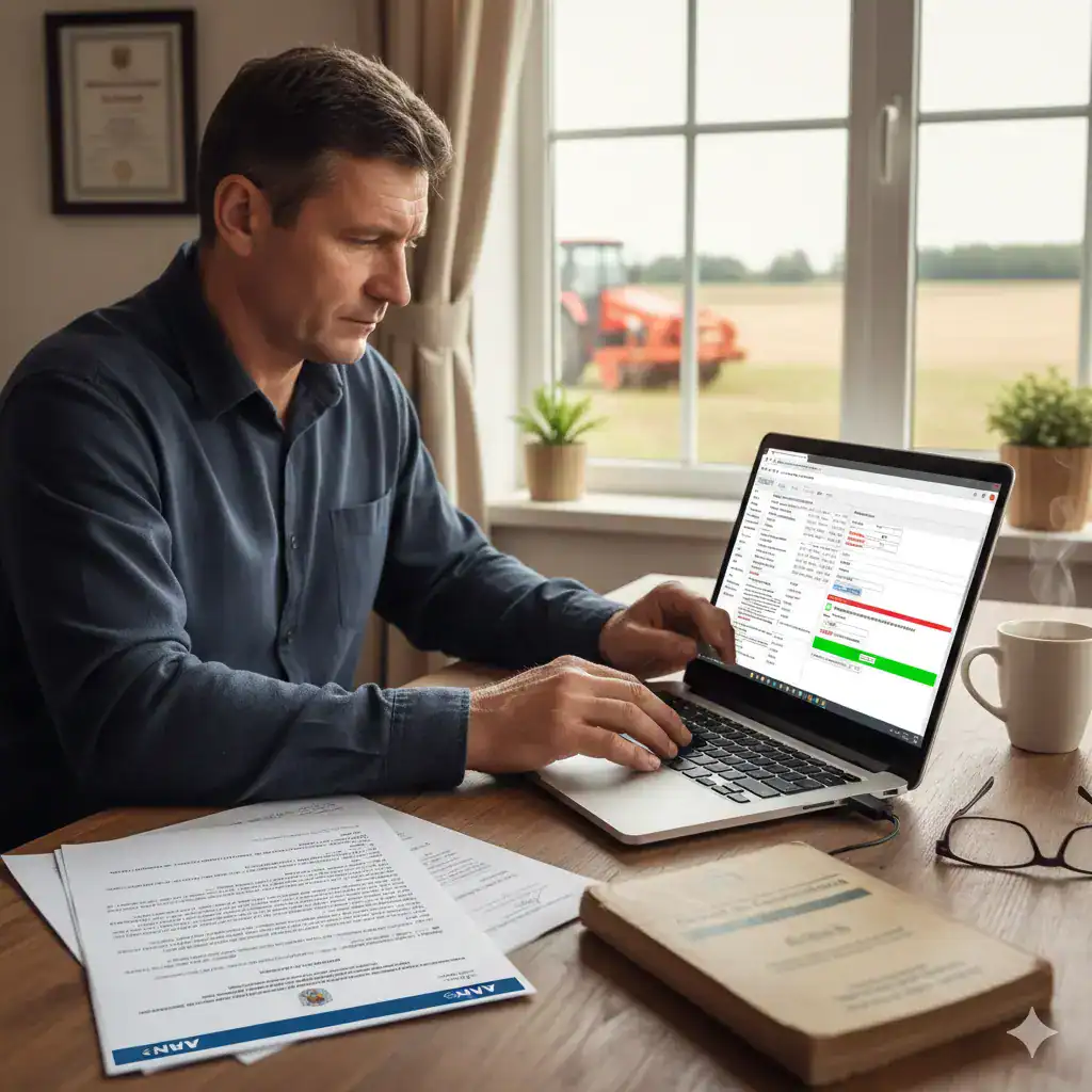 Fermier român completând online Formularul 700 ANAF pentru regimul special agricol cu cotă forfetară 8%, la birou cu laptop și documente fiscale, imagine reprezentativă pentru ghidul complet despre regimul special TVA pentru persoane fizice și PFA în agricultură 2026