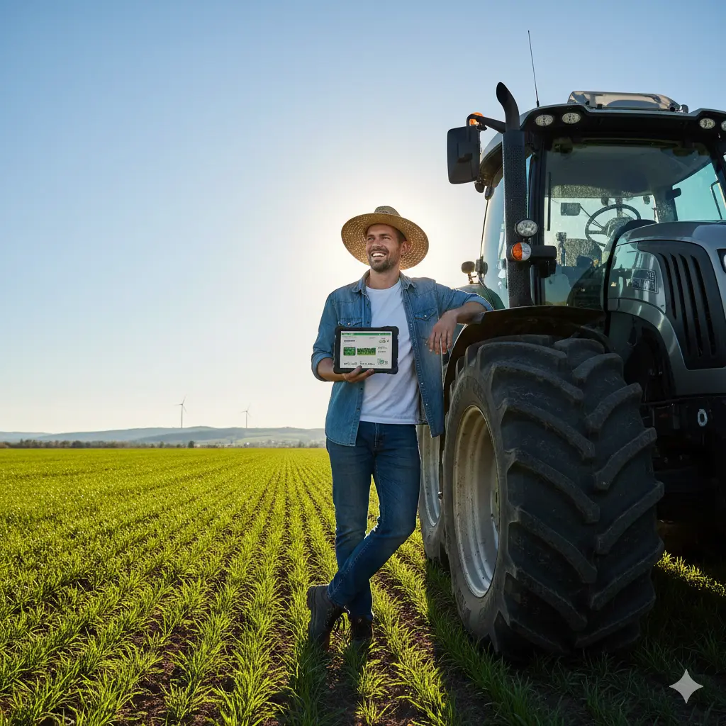 Tânăr fermier român verificând subvenția PD-03 pe tabletă în câmp verde - 49 euro pe hectar pentru 5 ani consecutivi, maximum 50 hectare eligibile conform Planului Strategic PAC 2023-2027