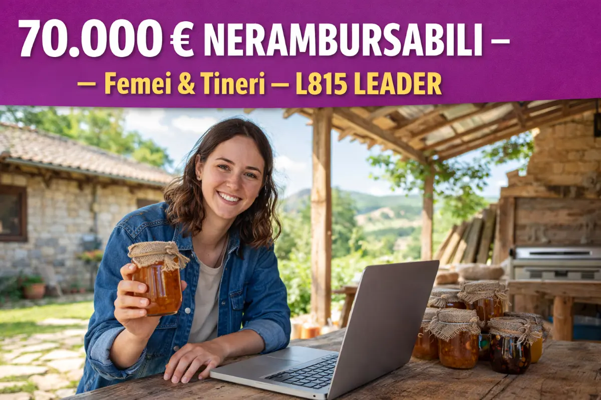 Tânără antreprenoare rurală cu borcan de gem artizanal și laptop – finanțare LEADER L815 70.000 euro nerambursabili femei și tineri 18-30 ani , an 2026