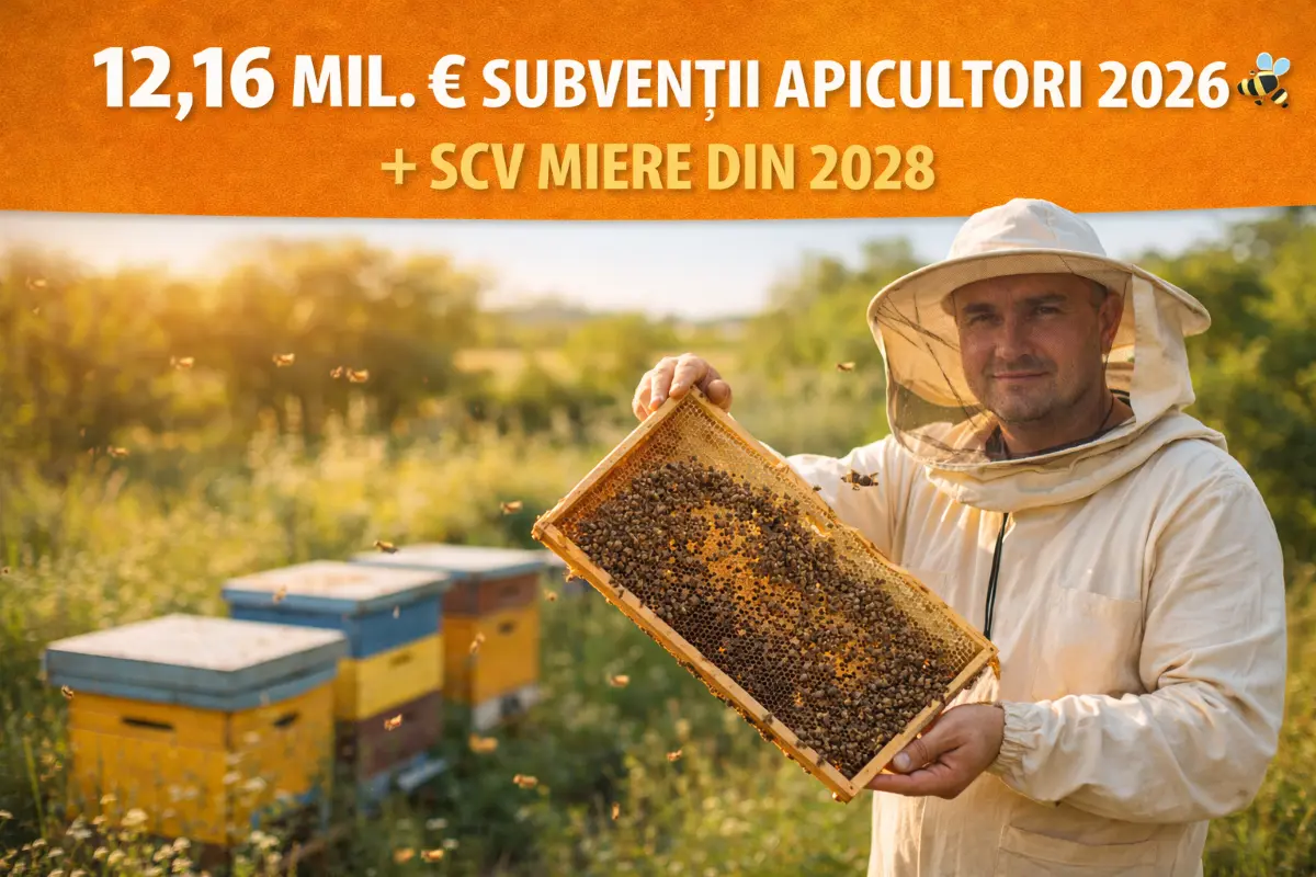 Apicultor român lângă stupi cu faguri de miere – subvenții apicultori 2026 APIA 12 milioane euro sprijin cuplat miere CE 2028
