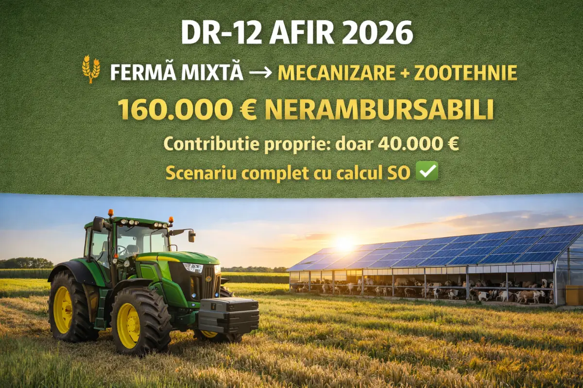 Fermă mixtă cereale și bovine cu tractor nou și adăpost modern – DR-12 AFIR 2026 scenariu practic tânăr fermier 160000 euro nerambursabili contribuție proprie 40000 euro calcul SO 13873 eligibilitate pas cu pas