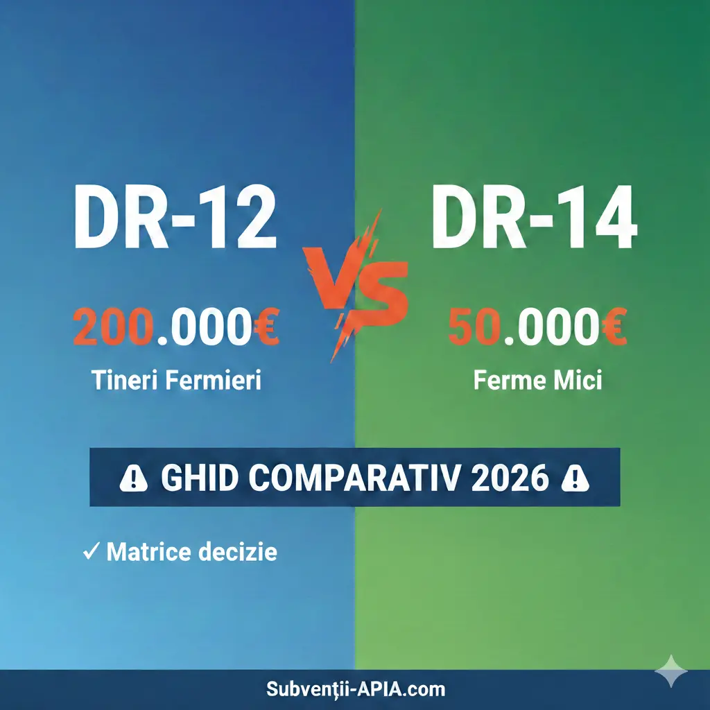 Comparație vizuală DR-12 versus DR-14 AFIR 2026: DR-12 oferă 200.000 euro pentru tinerii fermieri instalați, iar DR-14 oferă 50.000 euro pentru fermele mici, cu praguri SO exacte și lansare în martie 2026