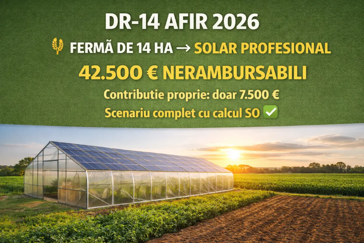 Fermă de 14 hectare cu porumb grâu floarea soarelui și lucernă – DR-14 AFIR 2026 scenariu practic 42500 euro nerambursabili contribuție proprie 7500 euro solar profesional 350mp calcul SO eligibilitate pas cu pas