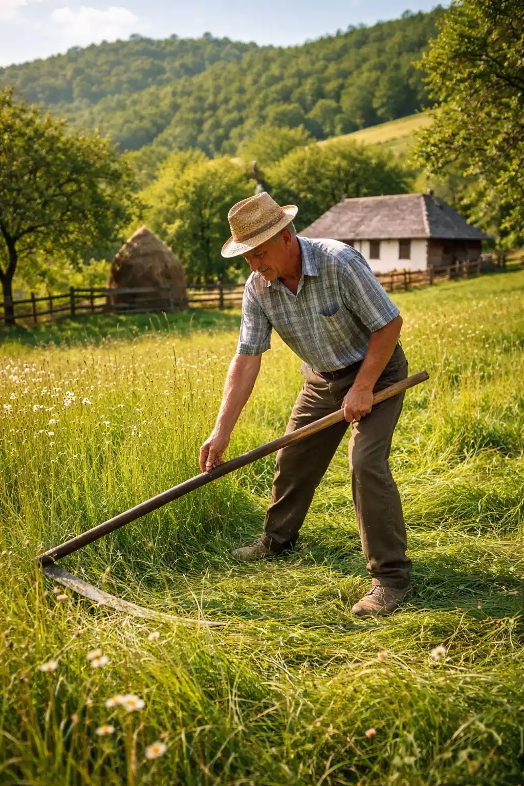 Fermier care coseste o pajiste cu utilaj mic intr-o gospodarie traditionala de 1-10 ha eligibila pentru eco-schema PD-05 APIA 2026