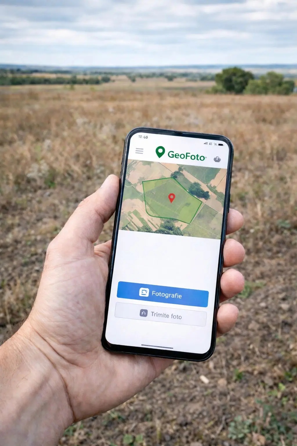 Fermier fotografiind parcela de parloaga cu aplicatia GeoFoto APIA pentru subventia PD-28 in campania 2026