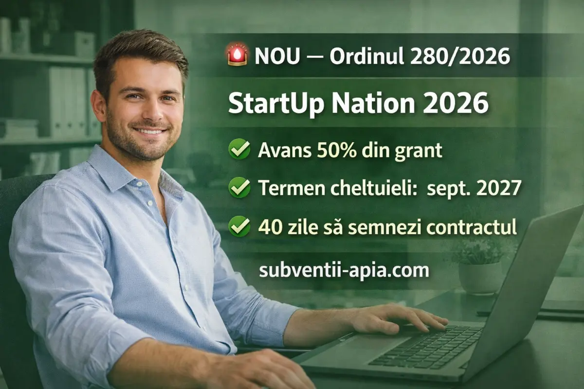 Modificări StartUp Nation 2026 prin Ordinul 280 - avans 50% din grant si termen cheltuieli prelungit pana in septembrie 2027