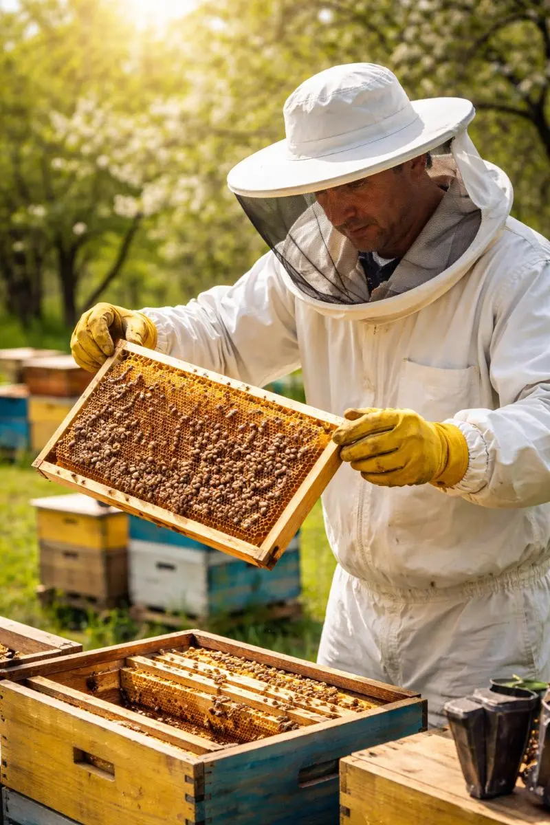 Apicultor inspectând stupi – modificări condiții subvenții ISA apicultori 2026 proiect ordin MADR