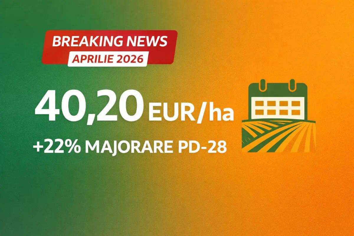 Grafic cu majorarea PD-28 pârloaga de la 32,93 la 40,20 EUR/ha - MADR aprilie 2026 cuantumuri finale plăți directe