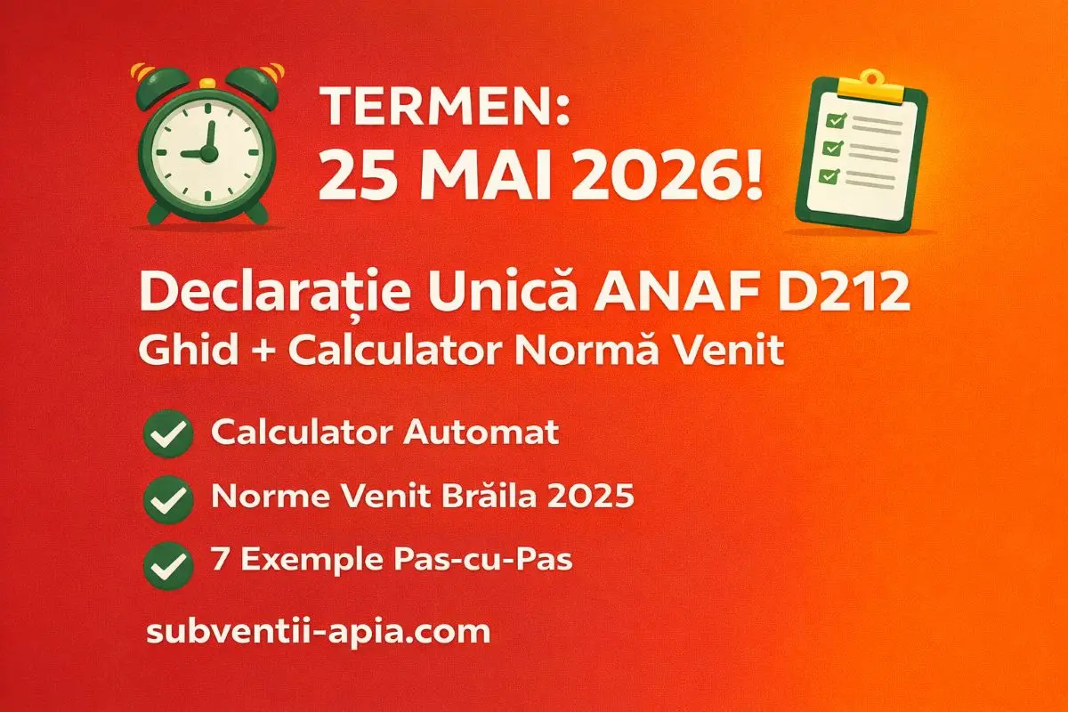 Declarație Unică ANAF D212 pentru fermieri 2026 - Calculator online normă de venit, norme Brăila 2025, exemple practice și termen 25 mai - Ghid complet subventii-apia.com