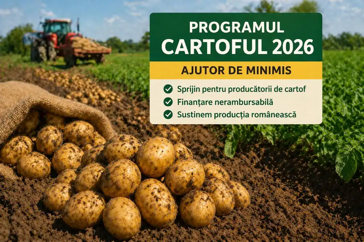 Cartofi proaspăt recoltați pe câmp agricol în România – Programul Cartoful 2026 ajutor de minimis
