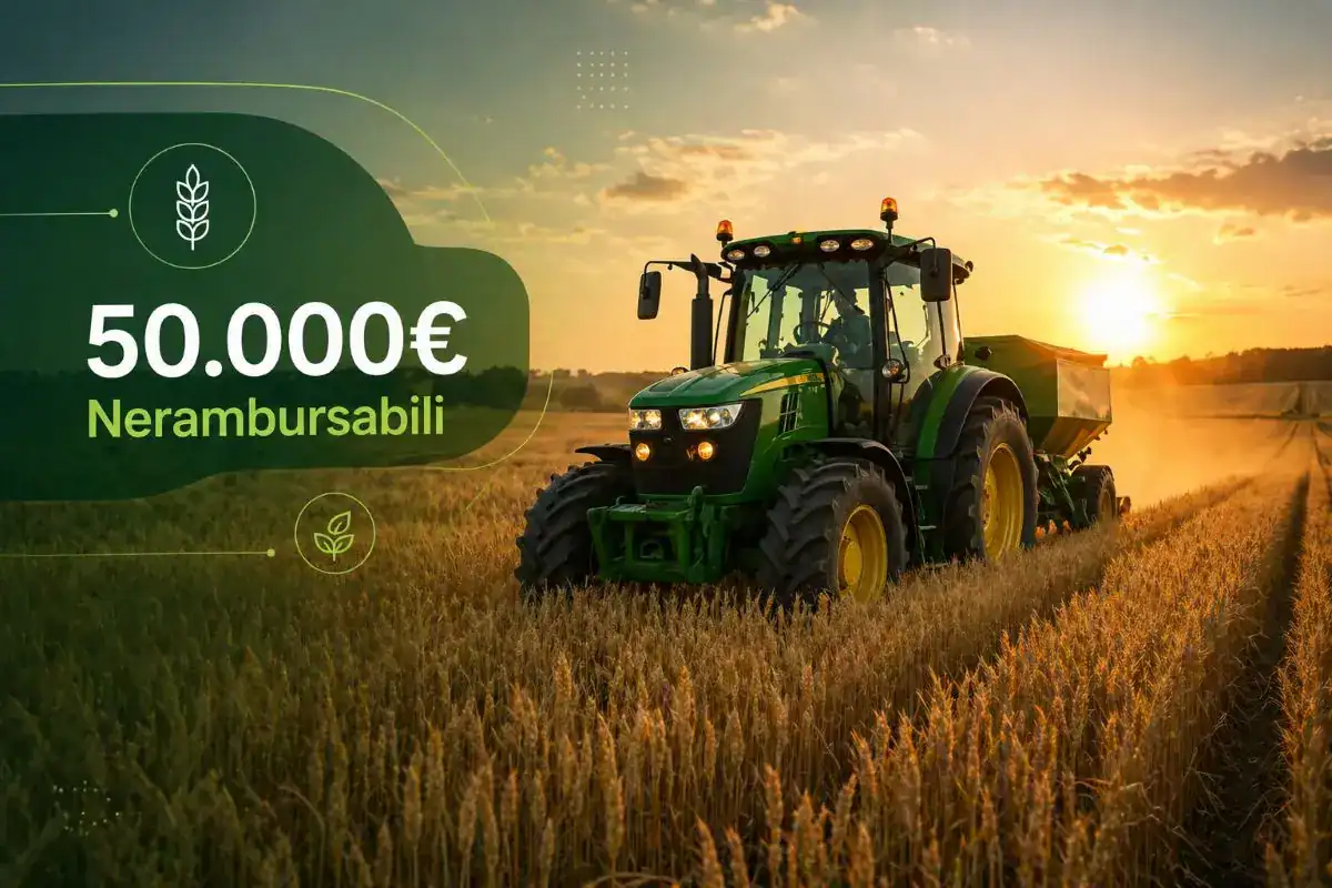 Tractor modern lucrând pe un câmp de cereale , reprezentând o investiție eligibilă prin programul DR-14 AFIR pentru fermieri mici.