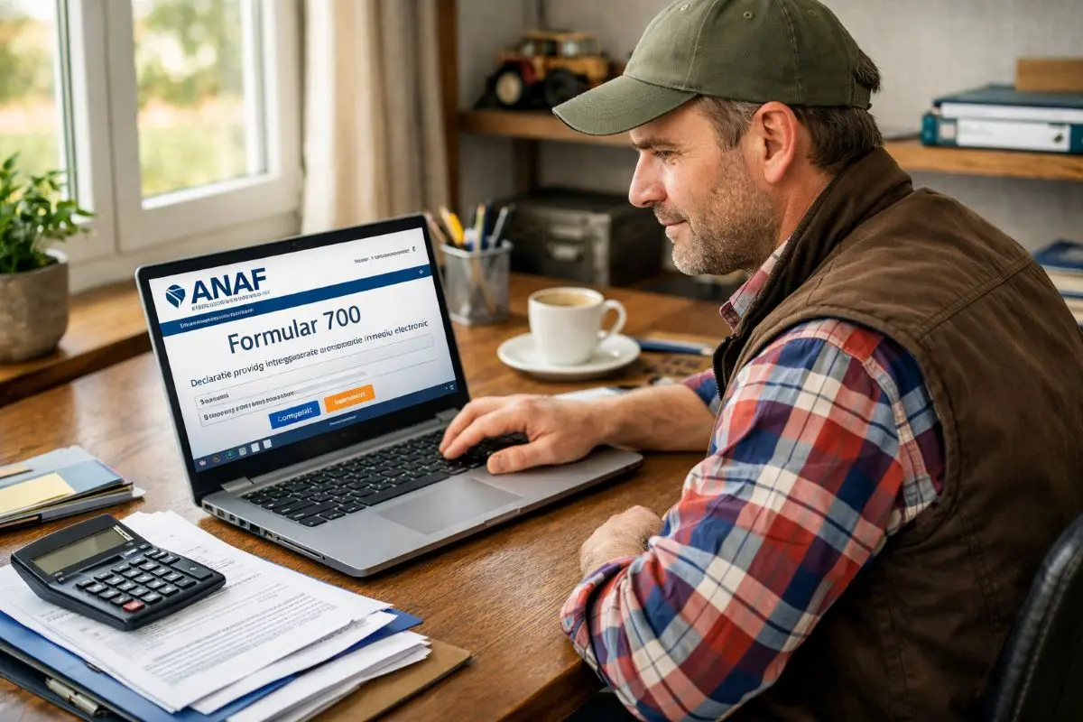 Fermier român completând online Formularul 700 ANAF pentru regimul special agricol cu cotă forfetară 8%, ilustrație ghid complet avantaje simplificare TVA compensare cheltuieli agricole PFA persoane fizice 2026