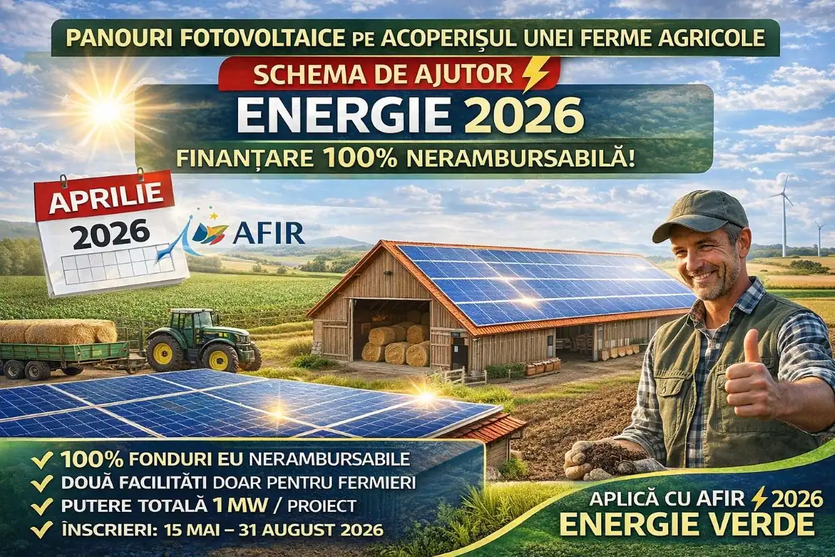 Panouri fotovoltaice pe acoperișul unei ferme agricole – Schema de Ajutor ENERGIE 2026 finanțare 100% nerambursabilă AFIR