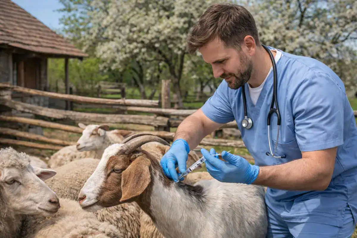 Medic veterinar administrând vaccin anticărbunoasă la oi în fermă România 2026