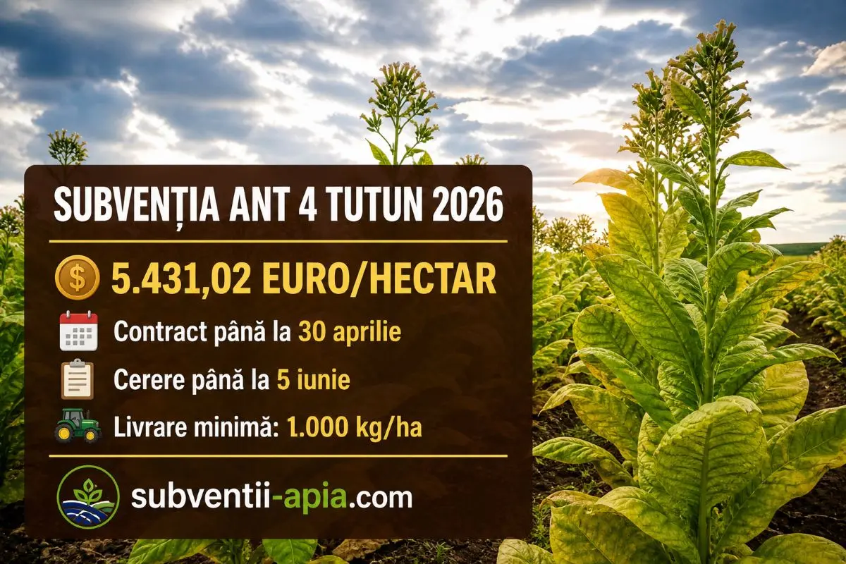 Subvenție ANT 4 tutun 2026 cuantum 5431 euro pe hectar APIA termene contract prim-procesare cerere plată