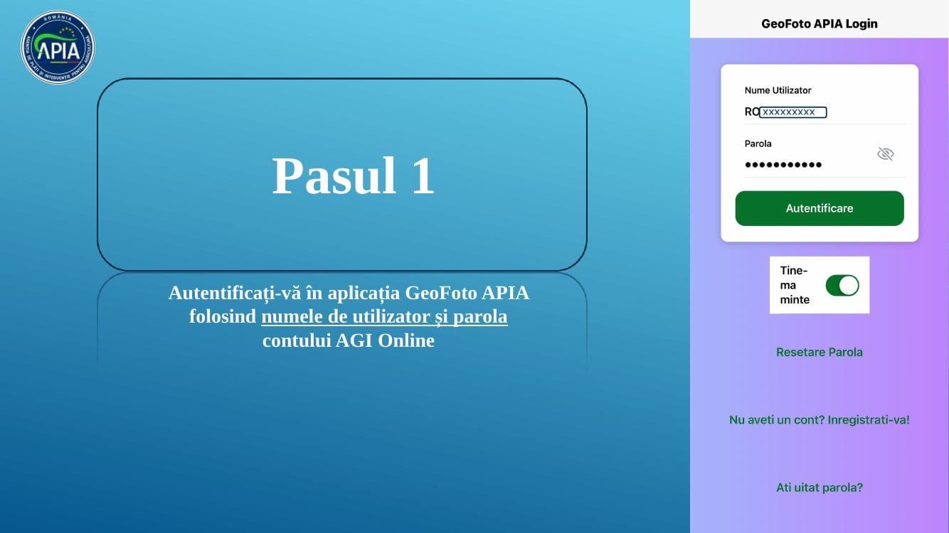 Pasul 1 GeoFoto APIA – Ecran autentificare cu nume utilizator (cod RO) și parolă AGI Online (sursă: tutorial oficial APIA)