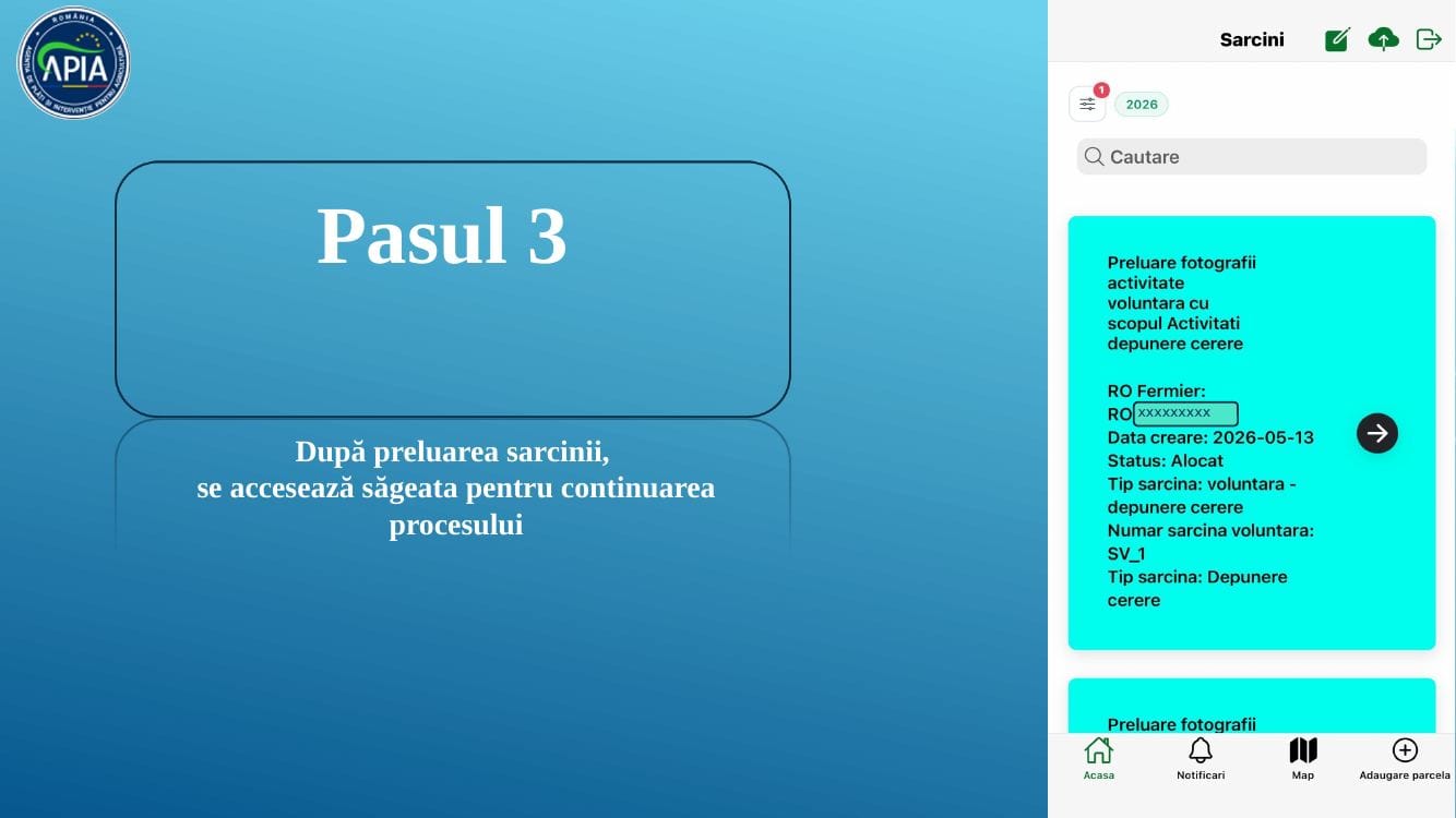 Pasul 3 GeoFoto APIA – După preluarea sarcinii, săgeata pentru continuarea procesului (sursă: tutorial oficial APIA)