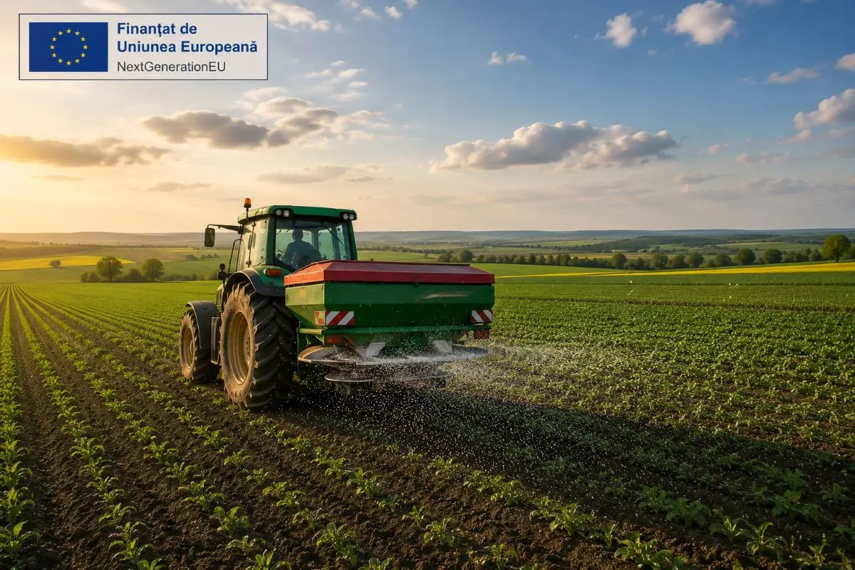 Tractor care fertilizează un câmp agricol — ajutor de urgență pentru fermieri în criza îngrășămintelor