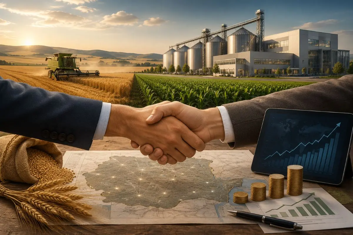 Strângere de mână — parteneriat AgriConnect între Banca Mondială și fermierii mici din România, program 2026