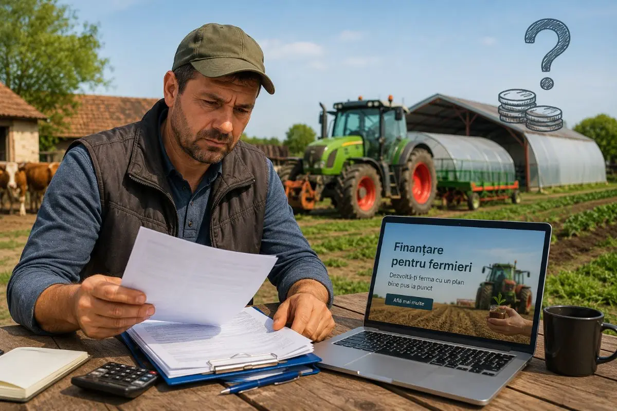 Fermier verificând documente pentru dosarul de finanțare DR-12 și DR-14, lângă un laptop, cu un câmp cultivat în fundal