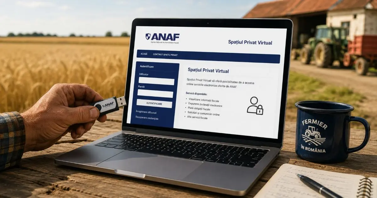 Fermier ținând un token USB pentru semnătura electronică calificată lângă laptop, cu câmp agricol pe fundal — ghid semnătura electronică fermieri 2026