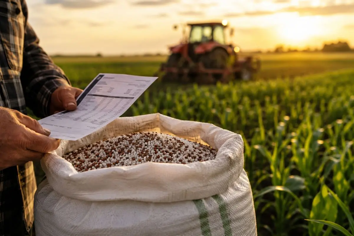Sac de îngrășăminte pe teren agricol cultivat, cu tractor în fundal — subvenție îngrășăminte METSAF 2026 pentru fermierii din România