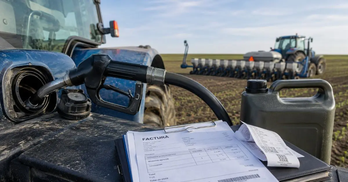 Alimentare tractor cu motorină la marginea unui câmp cultivat — subvenție motorină 2026, rambursare acciză 2,697 lei/litru prin APIA