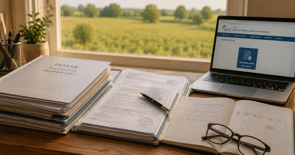 Dosar cu acte deschis pe o masă, lângă un laptop — documentele necesare pentru dosarul DR-14 AFIR 2026