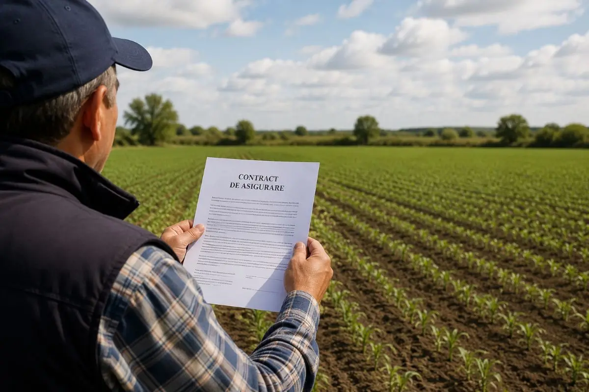 Fermier verificând polița de asigurare a culturilor pe câmp — subvenție DR-31 pentru prima de asigurare agricolă 2026