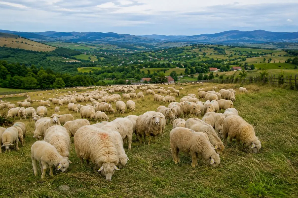 Export ovine 2026 – turmă de oi pe pășune în România, afectată de interdicția UE