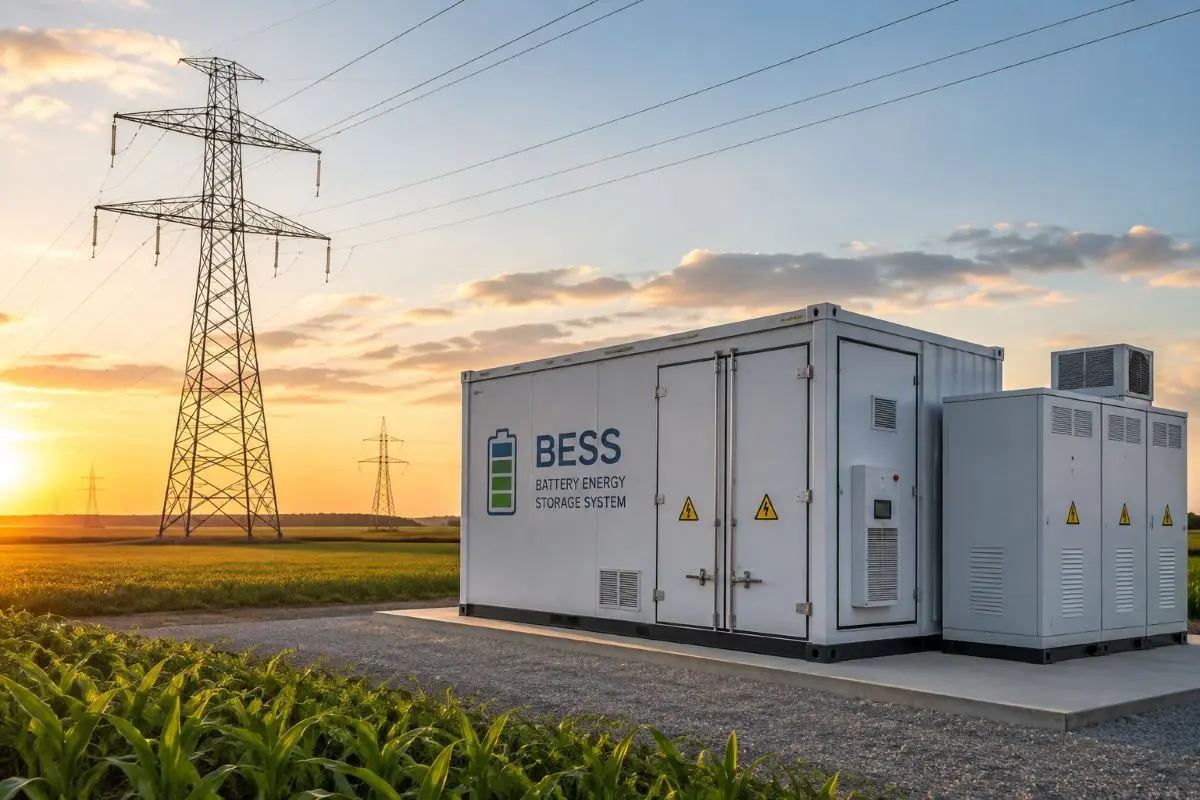 Schema baterii stocare energie 2026 – instalație de baterii lângă linie electrică pe teren agricol