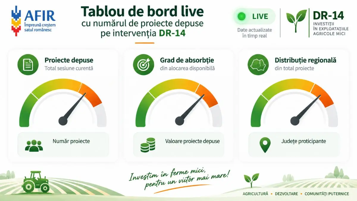 Tablou de bord live cu numărul de proiecte depuse pe intervenția DR-14 AFIR