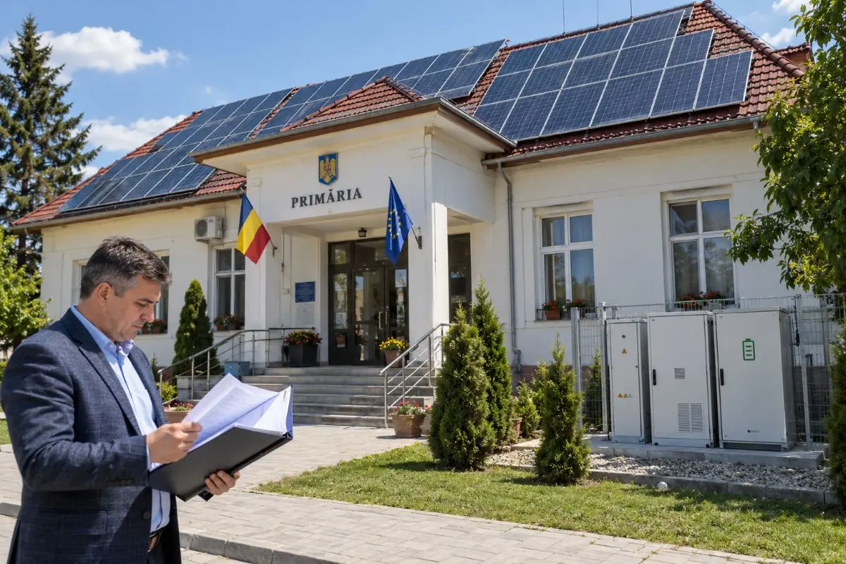 Panouri fotovoltaice cu sistem de stocare montate pe acoperișul unei primării din România, finanțate prin Fondul pentru Modernizare 2026